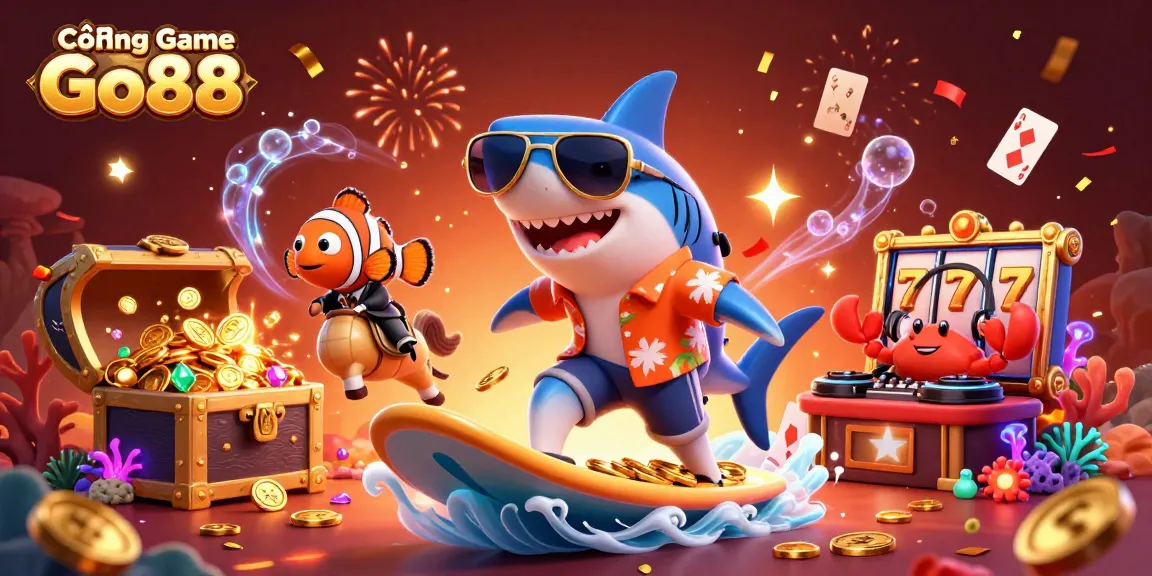 Cổng Game Go88 features a vibrant 3D colorful shark and companions in an exciting ocean casino scene.