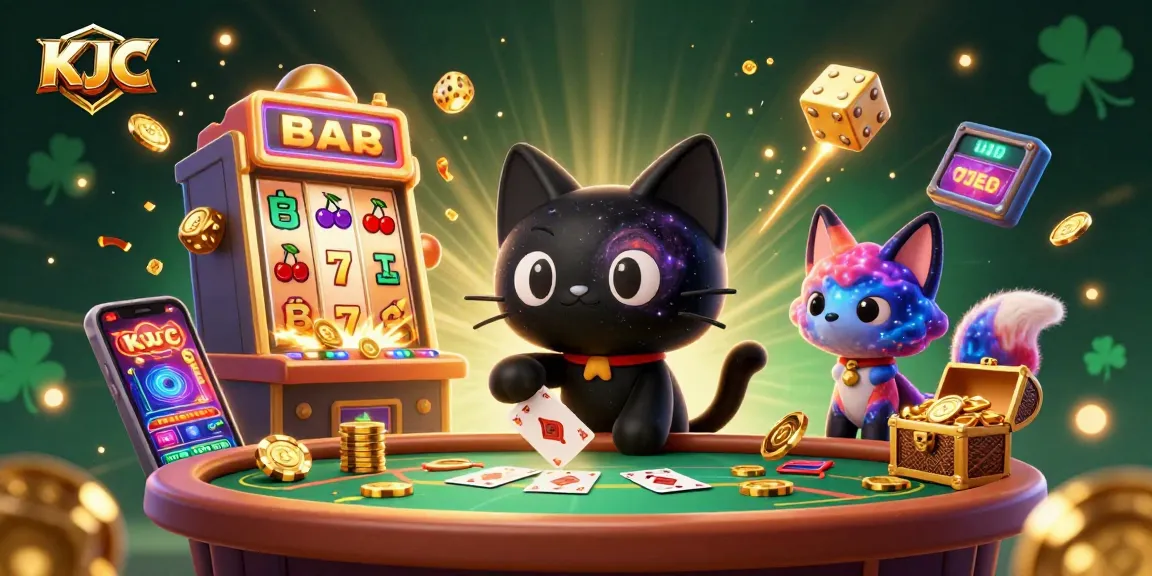KJC showcases an engaging cosmic casino scene with a cartoon black hole cat and nebula fox, enriching the gambling experience.