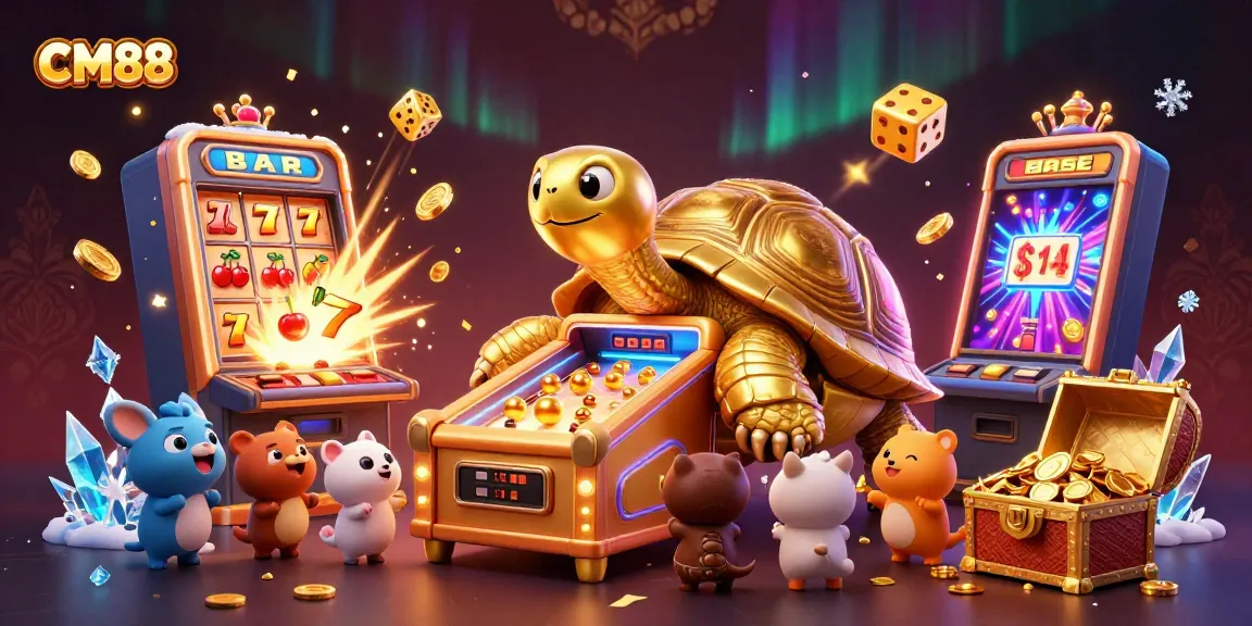 Experience thrilling gaming at CM88 with a dynamic scene featuring a golden tortoise pinball and exciting slot machine action.
