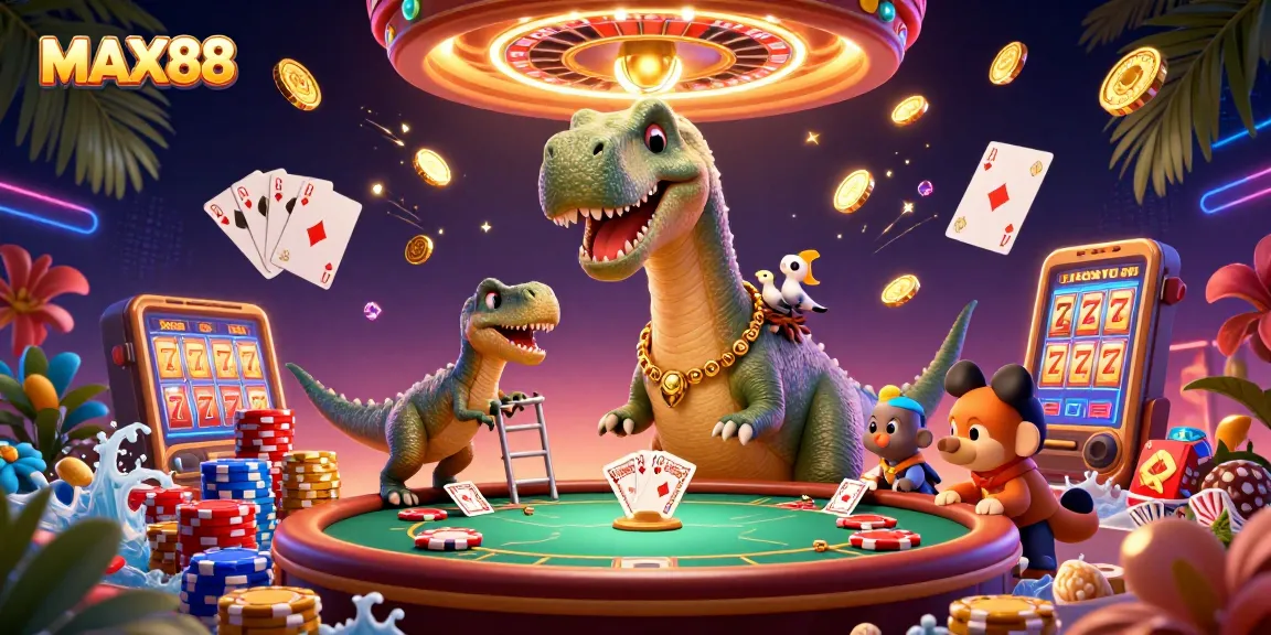 Engage with MAX88's vibrant casino experience featuring playful dinosaur characters and exciting game elements.