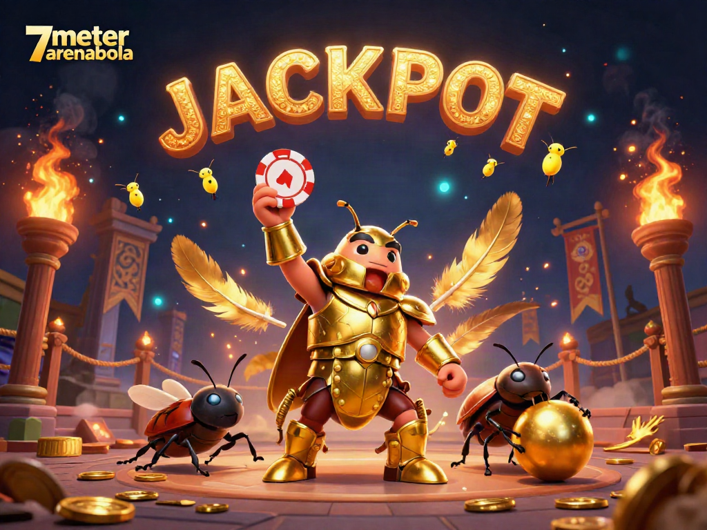 Experience thrilling action with 7meter arenabola as a victorious beetle lifts a poker chip in a vibrant, dynamic scene.