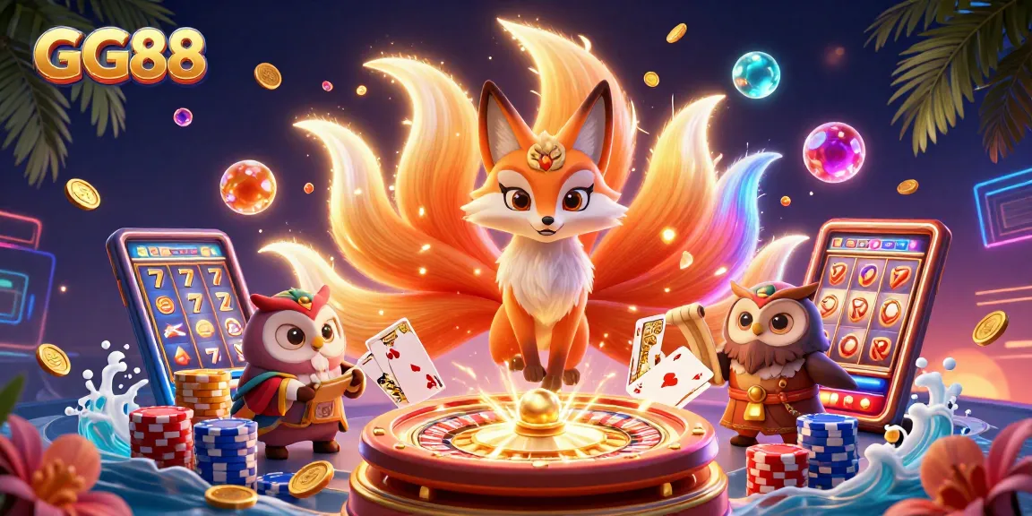 Experience the excitement of GG88 with vibrant gaming characters showcasing fortune and fun in a vivid casino atmosphere.