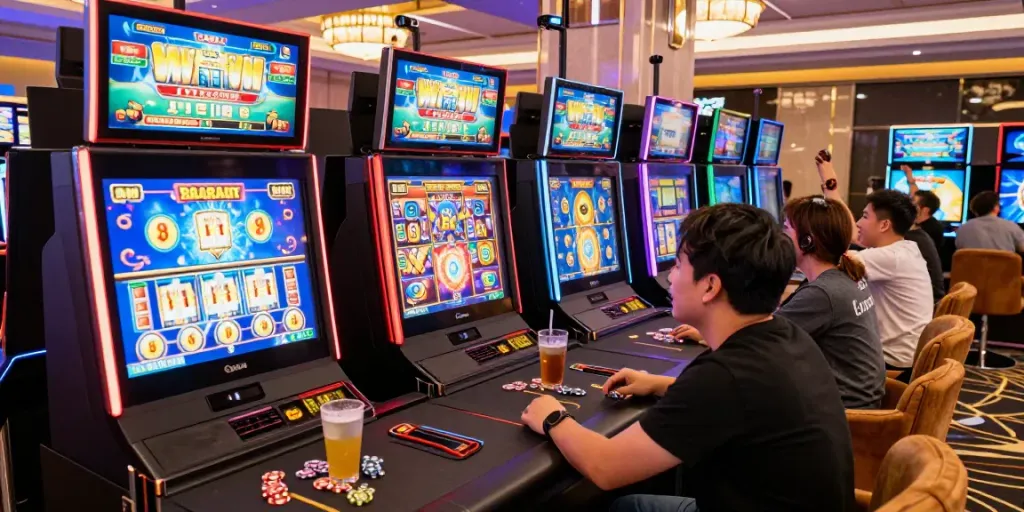 Exciting slot gacor game moment with players celebrating wins in vibrant casino.