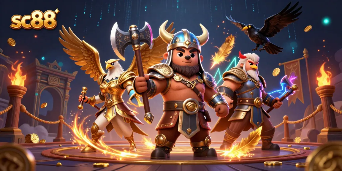 Experience thrilling betting action with sc88, featuring Viking warriors and casino elements in a dynamic 3D scene.