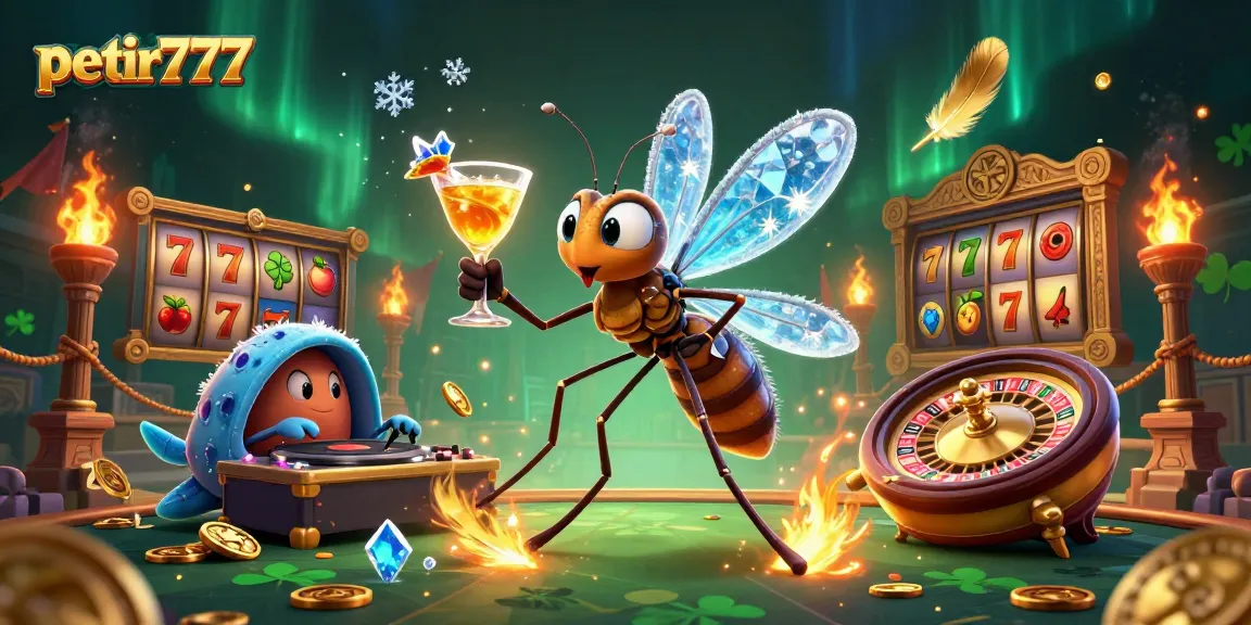 Experience the excitement of petir777 slots with vibrant elements, including golden cocktails and a roulette wheel.