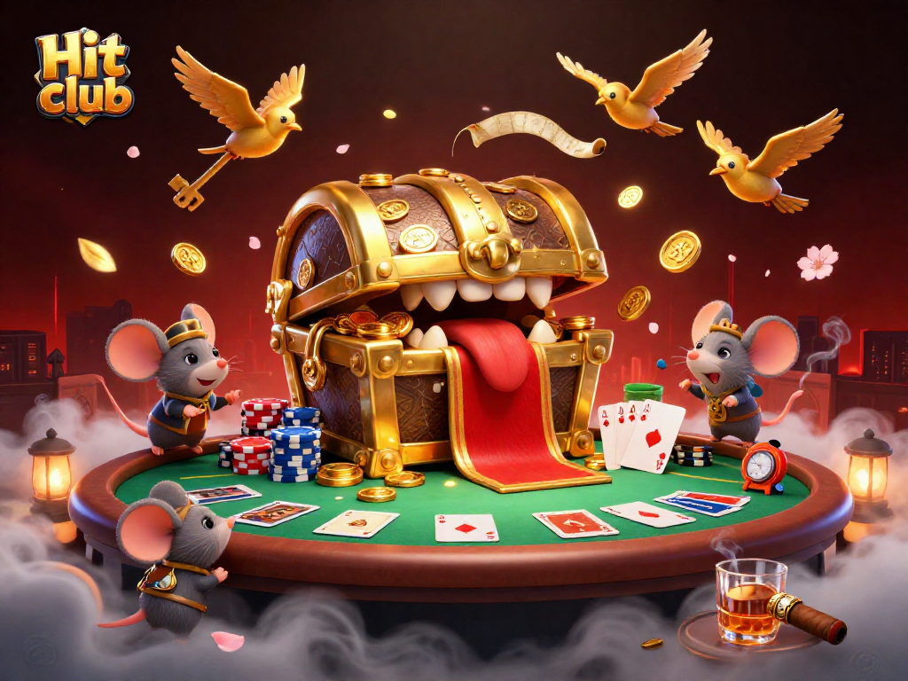 Hit club illustration showcasing a treasure chest and poker elements amidst a dynamic casino atmosphere.