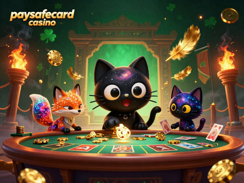 Permainan seru di paysafecard casino dengan kucing hitam berputar menarik chip emas dan kartu.