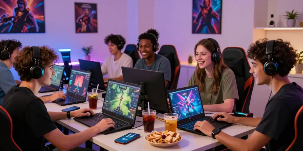 Diana4D platform dengan pengguna bermain game online di ruang modern penuh warna.