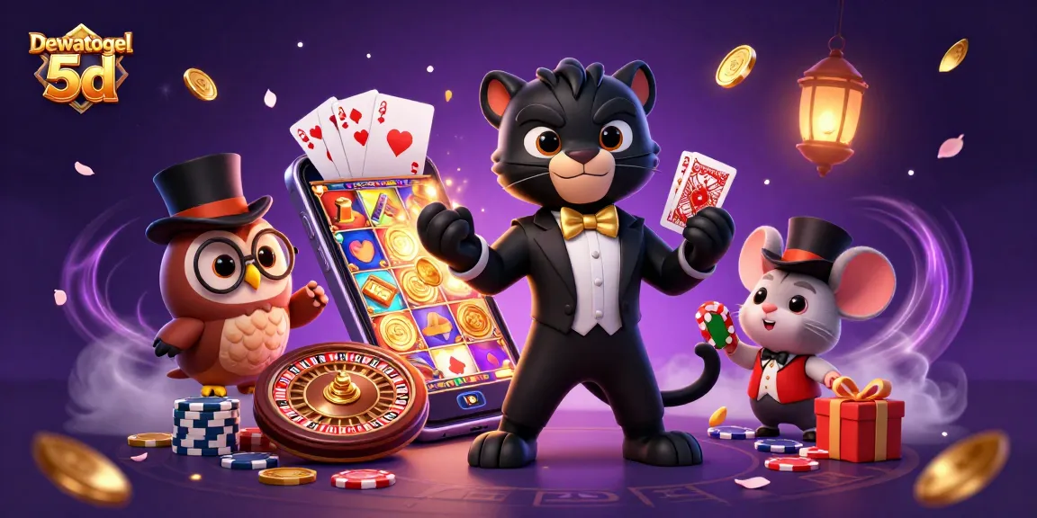 Engage with the thrilling world of Dewatogel 5d as cartoon characters celebrate poker and slot games.