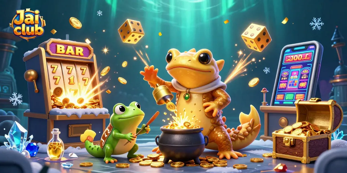 Immerse in Jai Club's thrilling gameplay with a golden salamander and a colorful casino scene.