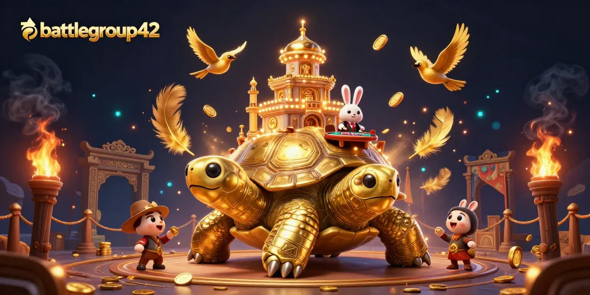 battlegroup42 showcases vibrant 3D casino illustration with a golden tortoise and dealer amidst dazzling gaming elements.