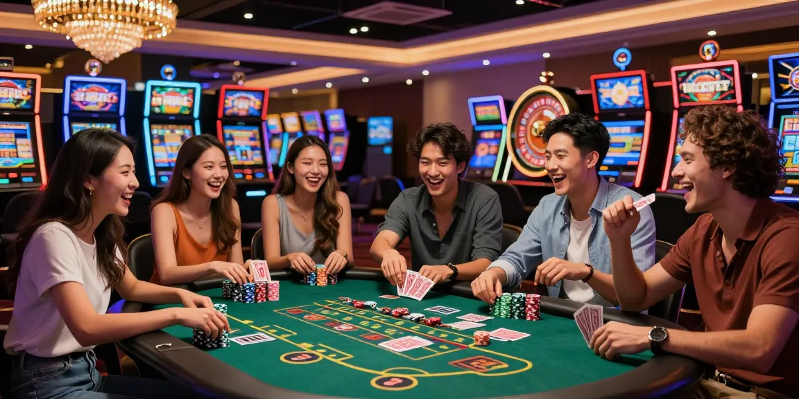 Exciting Lucky777 casino scene with friends enjoying games, chips, and colorful lights.