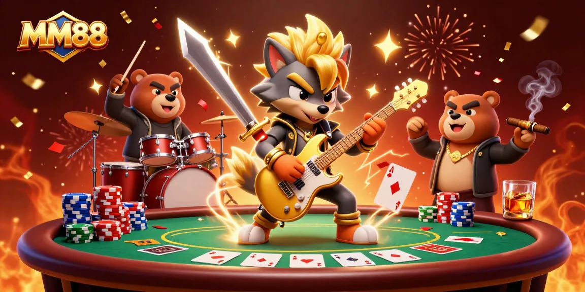 Experience excitement at MM88 with an energetic rock star wolf and a drummer bear on stage, showcasing a lively casino scene.