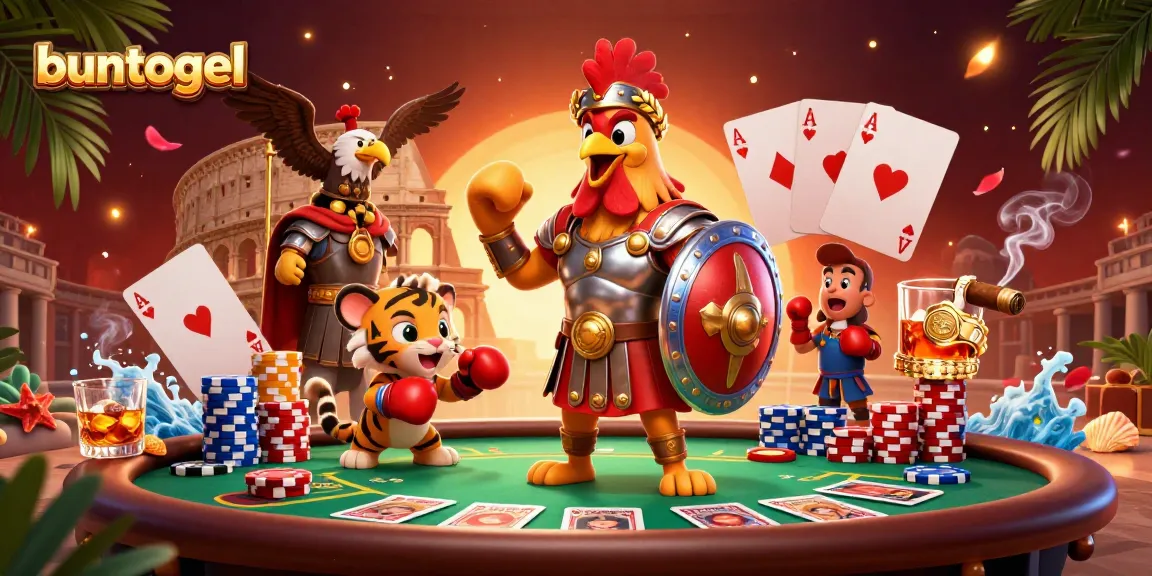 Buntogel players enjoy dynamic action at the casino with a rooster gladiator, sparring cub, and poker games.