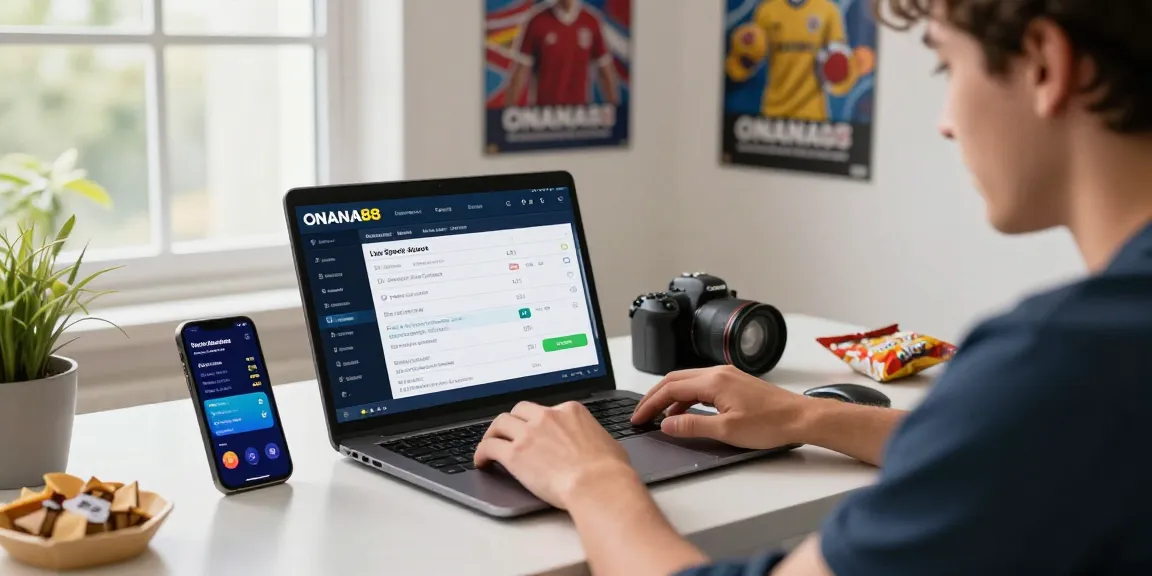 Online betting with ONANA88 displayed on laptop, engaging home office vibe