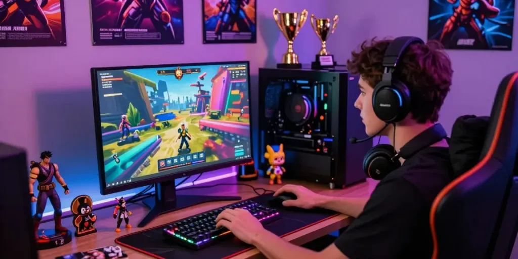 Pengguna diana4d berinteraksi dalam suasana gaming yang energik dengan perangkat canggih dan suasana cerah.