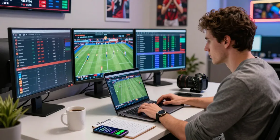 Sophisticated kèo nhà cái analysis with a focused bettor strategizing on a laptop amidst vibrant betting odds and notifications.