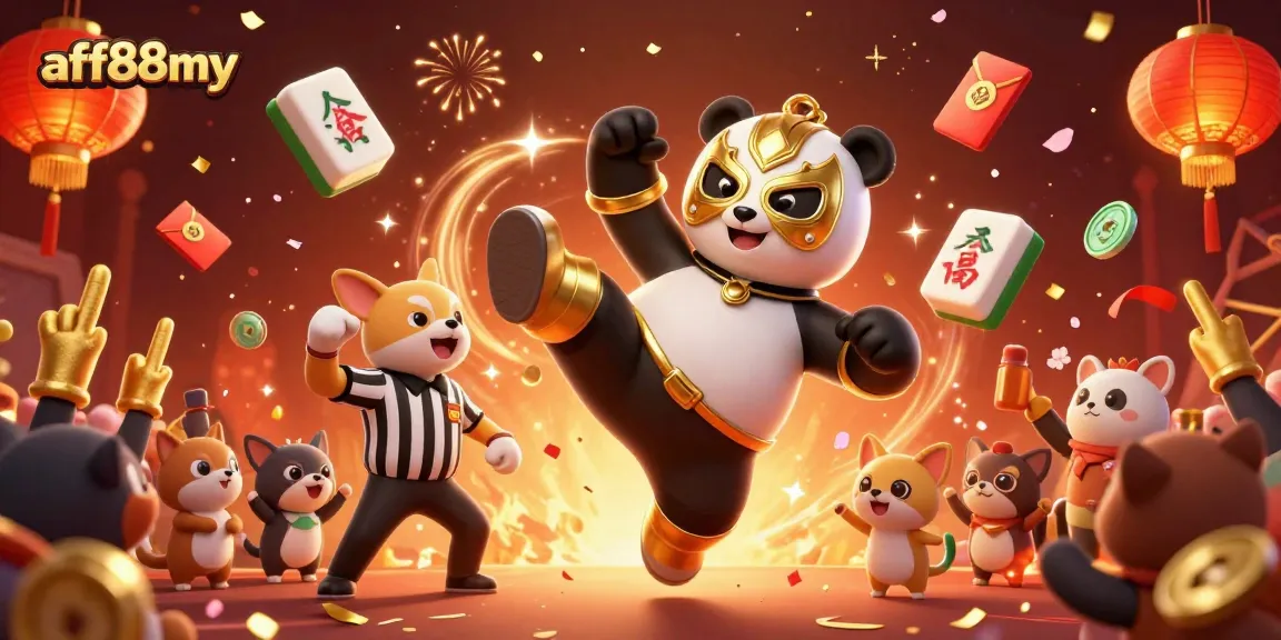 Join the fun with afb88my as our panda wrestler kicks off an exciting casino celebration.