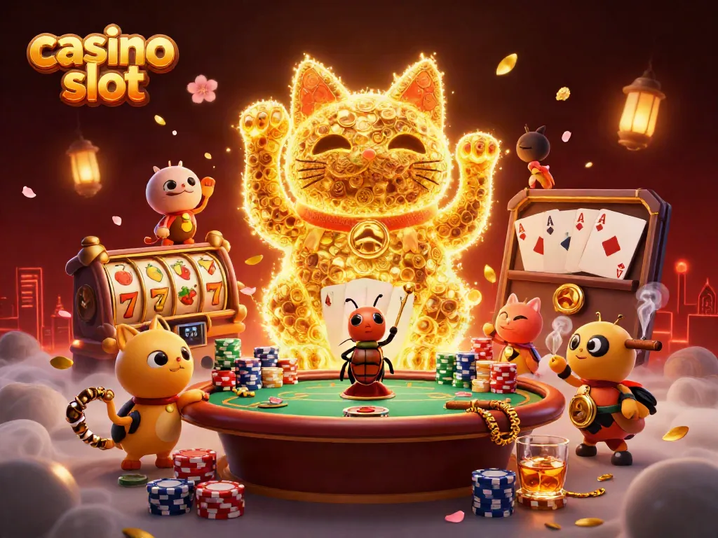 Experience the excitement of casino slots with a vibrant illustration featuring a lucky cat, poker elements, and dynamic gameplay