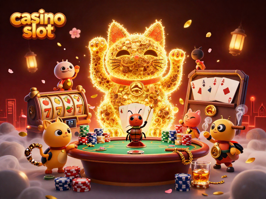 Experience the excitement of casino slots with a vibrant illustration featuring a lucky cat, poker elements, and dynamic gameplay
