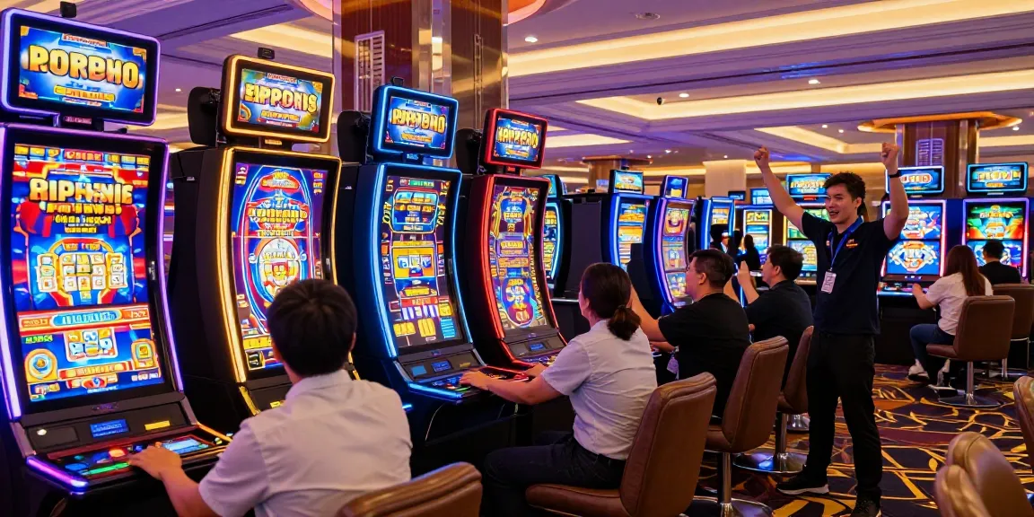 Pengunjung merayakan kemenangan pada mesin slot88 yang berwarna-warni di kasino.