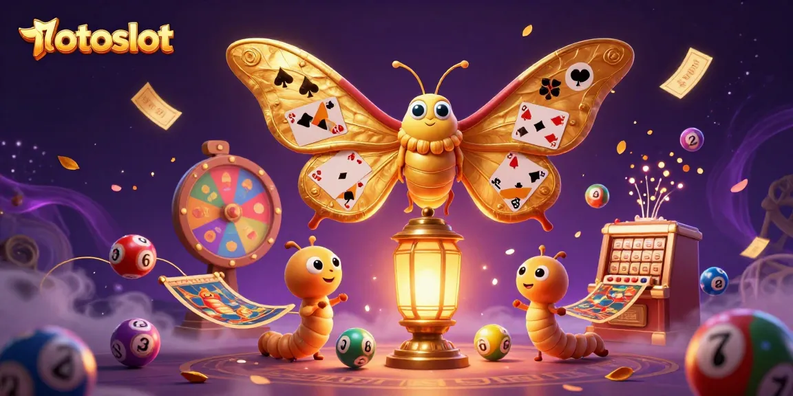 Totoslot showcases vibrant casino action with an artistic illustration of a golden moth amidst lottery elements, enriching the experience.