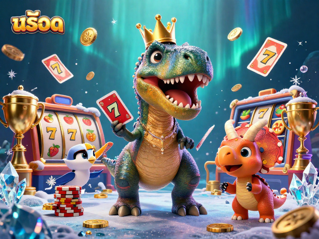 Play thrilling สล็อต slots with a T-Rex shuffling cards surrounded by golden chips and dynamic reels.