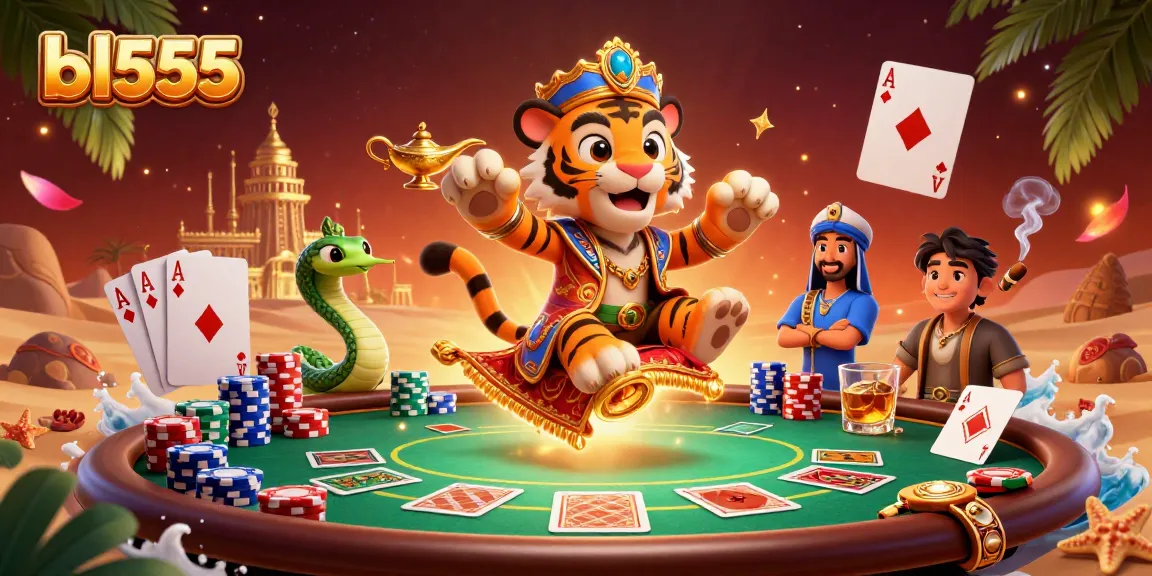 Experience the excitement of bl555 with a tiger sultan on a magic carpet surrounded by vibrant casino elements.