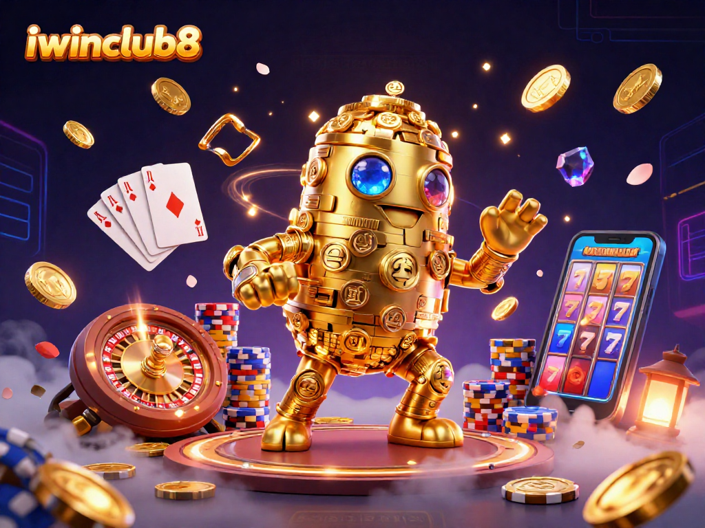 Experience exciting gameplay at iwinclub8 with a vibrant 3D casino illustration showcasing thrilling moments and rich visuals.
