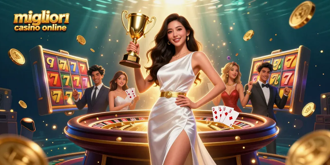 Scopri i migliori casino online con una donna sicura che celebra la vittoria, circondata da elementi vibranti di casinò e ricchi dettagli.