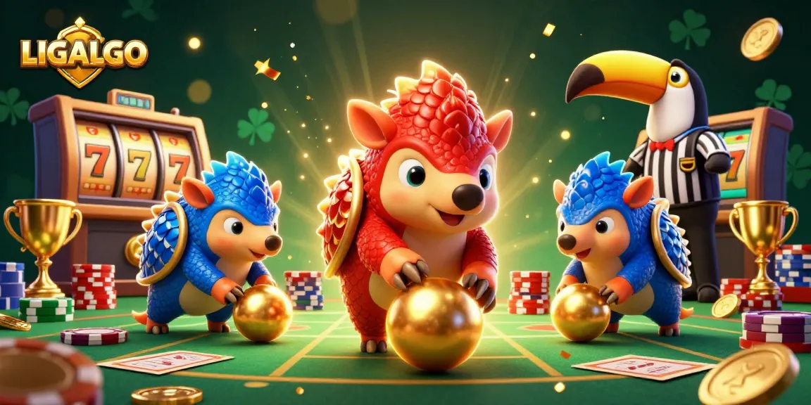 Experience LIGALGO's vibrant world with rival pangolins competing over golden rewards in this engaging casino scene.