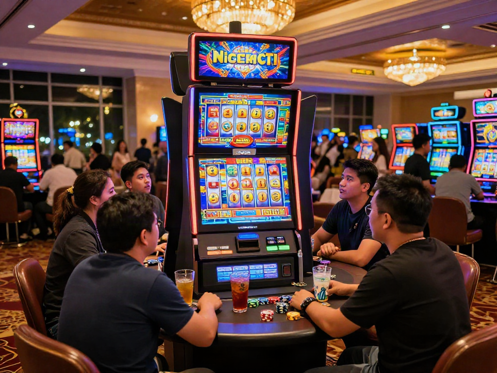 Exciting casino environment showcasing players around a slot gacor 4d machine with vibrant graphics.