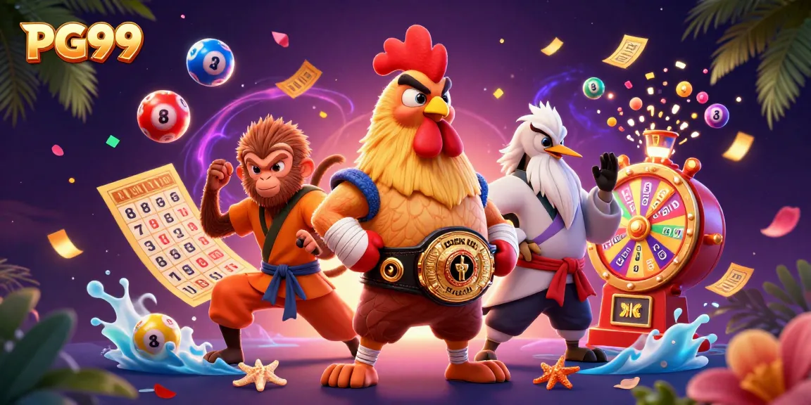 Engage in vibrant gaming excitement with PG99's dynamic scene featuring a rooster, monkey, and crane.
