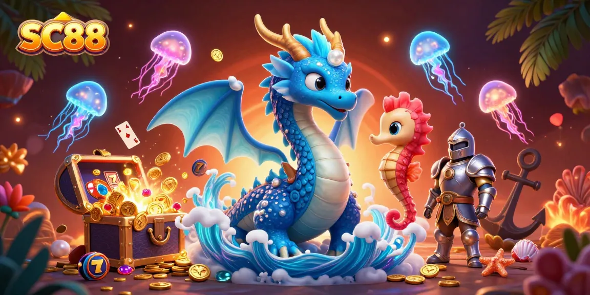 Valuable SC88 treasures await as a water dragon and seahorse knight navigate a vibrant casino adventure.