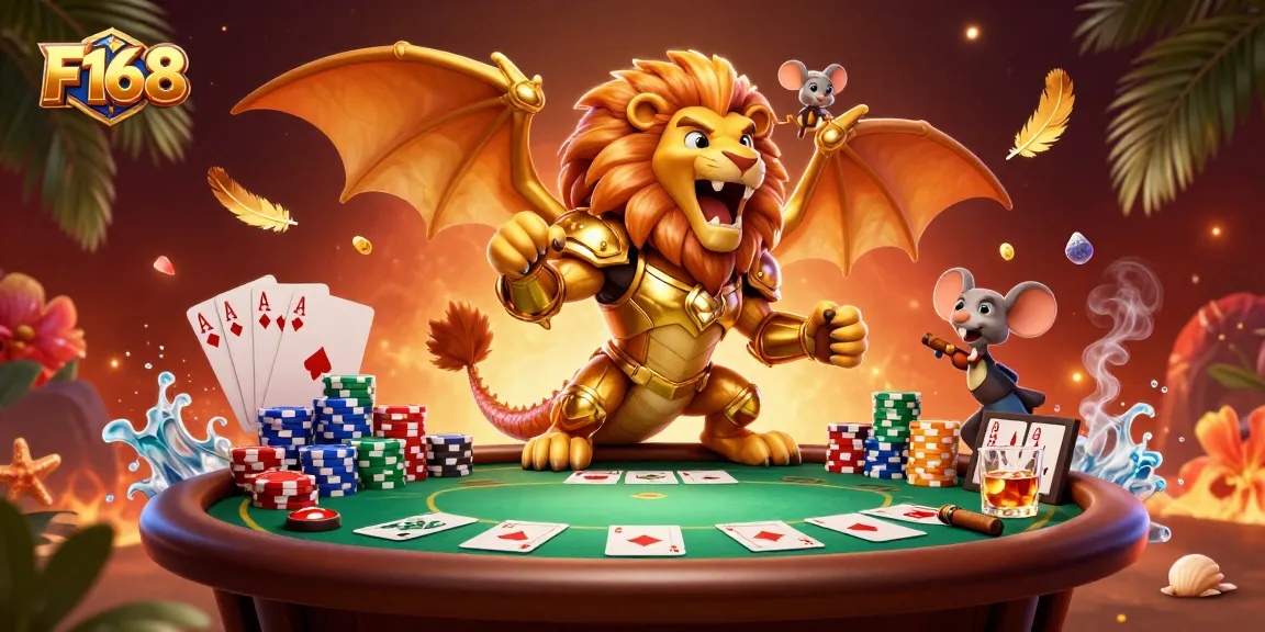 Experience thrilling gameplay at F168 with vibrant poker action and a majestic chimera illustration.