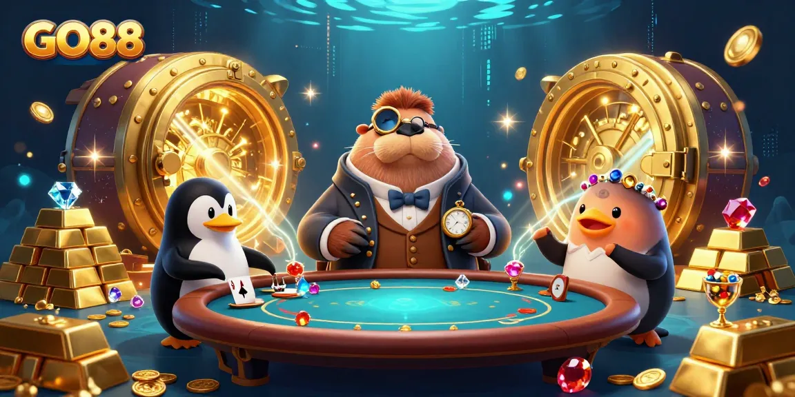 Engage in thrilling poker gameplay at GO88 with a walrus and friends in an underwater casino.