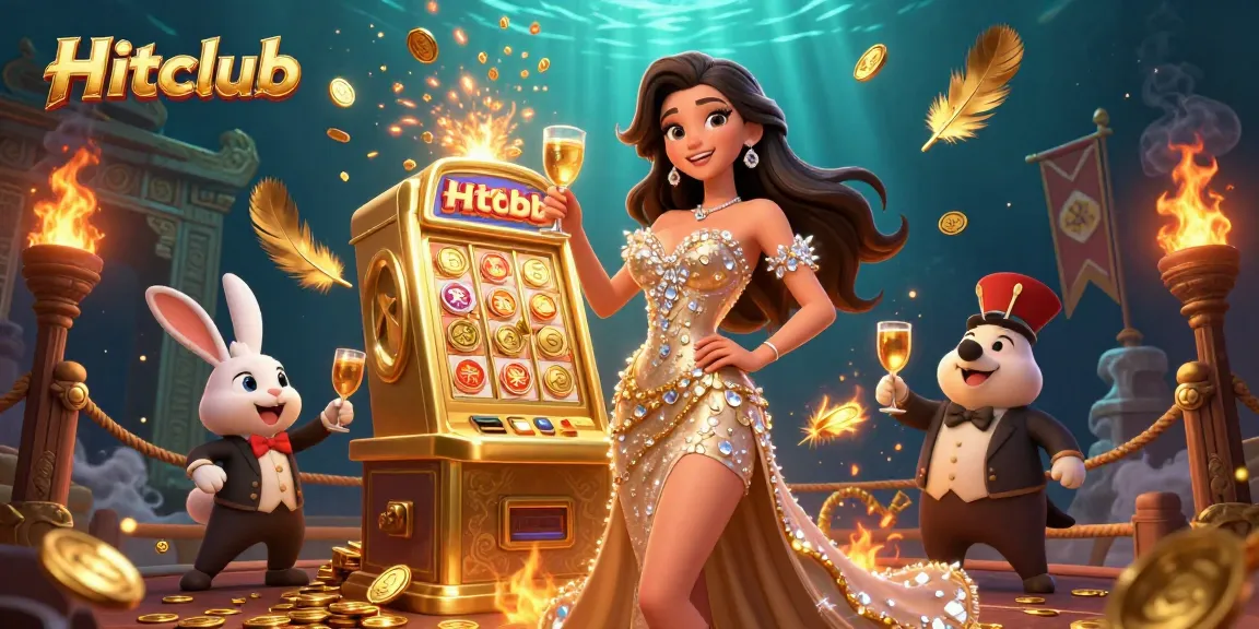 Experience the thrilling excitement of Hitclub with a glamorous woman celebrating a jackpot amidst dynamic casino elements.