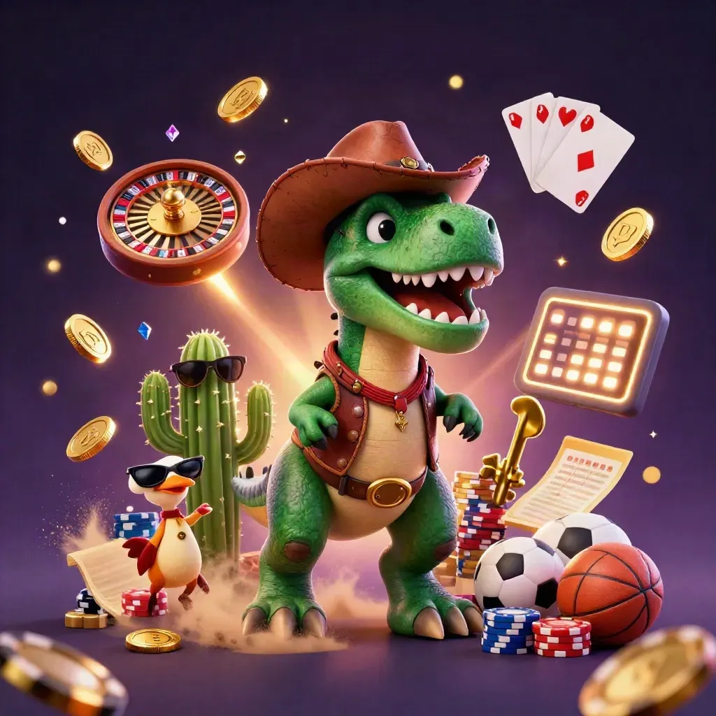 Cartoon cowboy T-Rex trio with casino chips, coins, roulette wheel, and glowing purple starfield.
