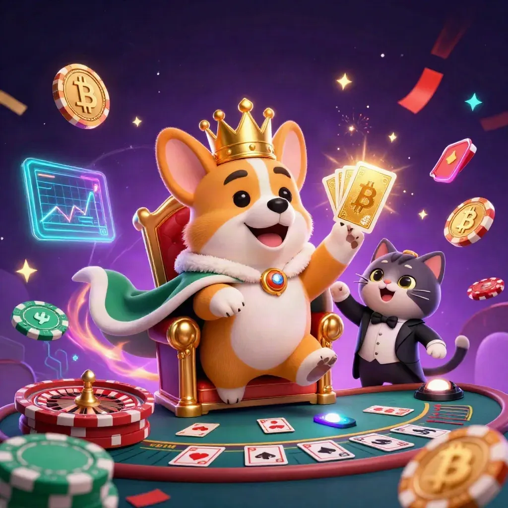 Crowned corgi and cat butler on a chip throne amid casino magic, coins, lightning, and fireworks.