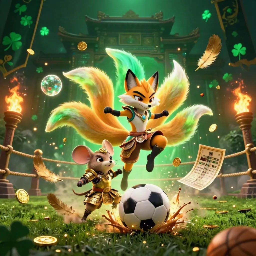 Fox spirit and armored mouse amid a soccer ball impact, gold coins, embers, and temple lights.
