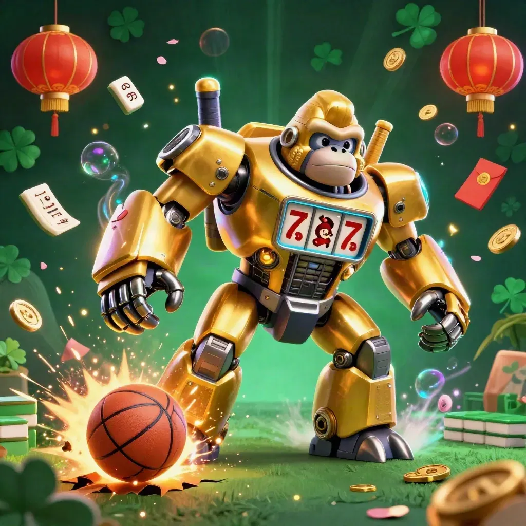 Golden gorilla mech slams amid flying balls, jade coins, lanterns and casino glow.