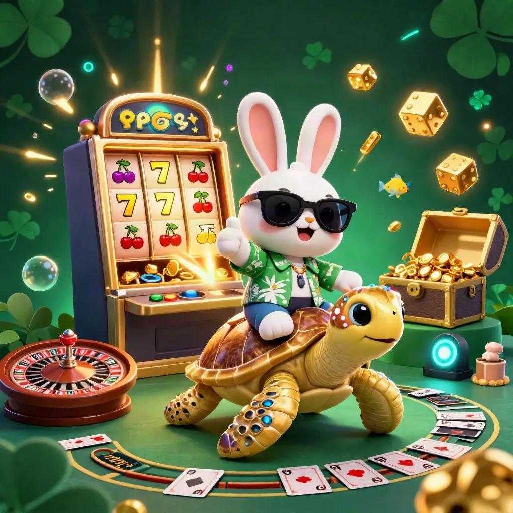 Lucky rabbit rides a golden sea turtle amid casino symbols, glowing treasure, and neon underwater light.
