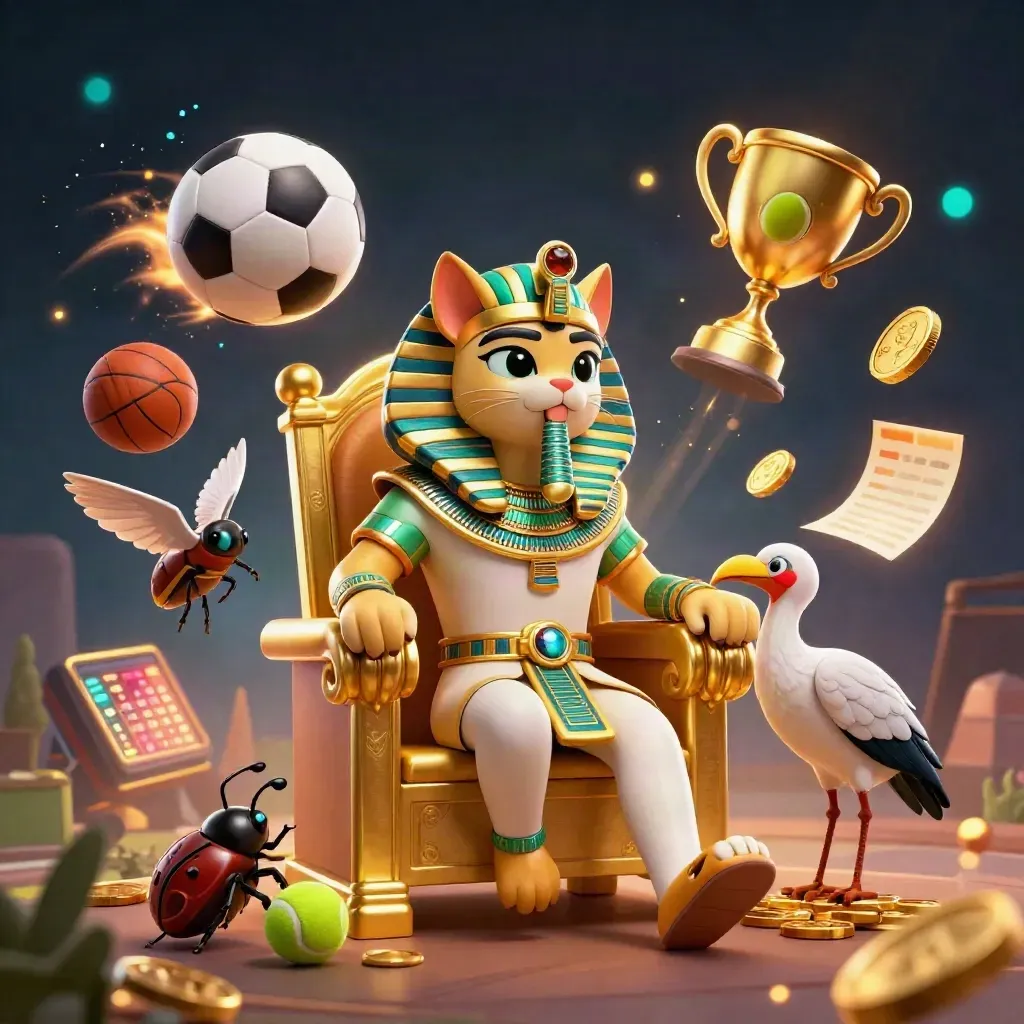 Pharaoh cat, ibis scribe and gem-wing scarabs amid flying sports balls and casino gold