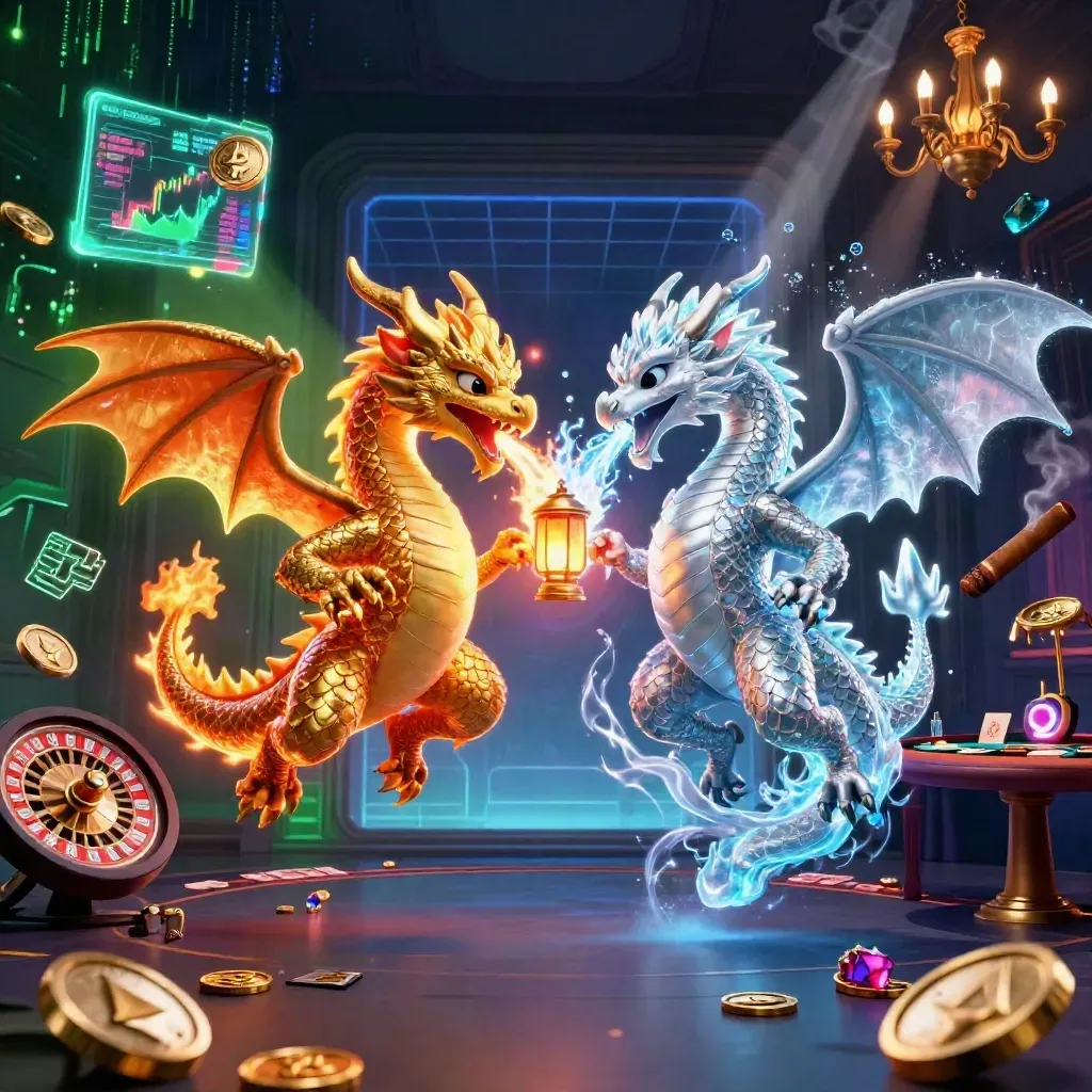 Gold and silver dragons whirl over a neon casino room with coins, charts, and a lantern spirit.