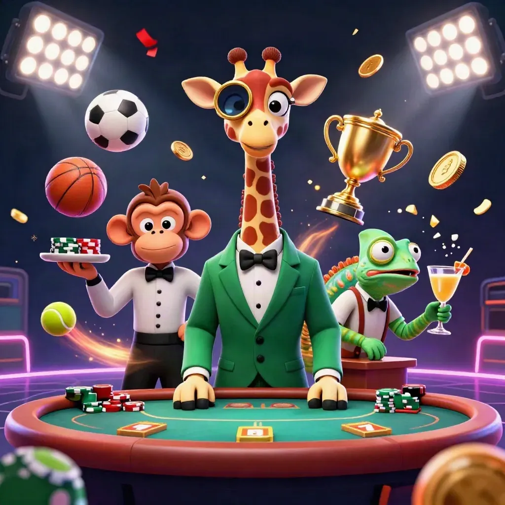 High-roller giraffe, monkey valet, and chameleon bartender amid balls, coins, trophies, and neon casino chaos