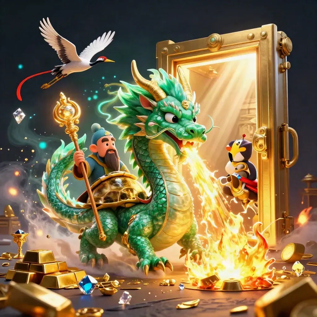 Emerald dragon, turtle sage, and cranes bursting treasure from a glowing vault in luxe casino art.