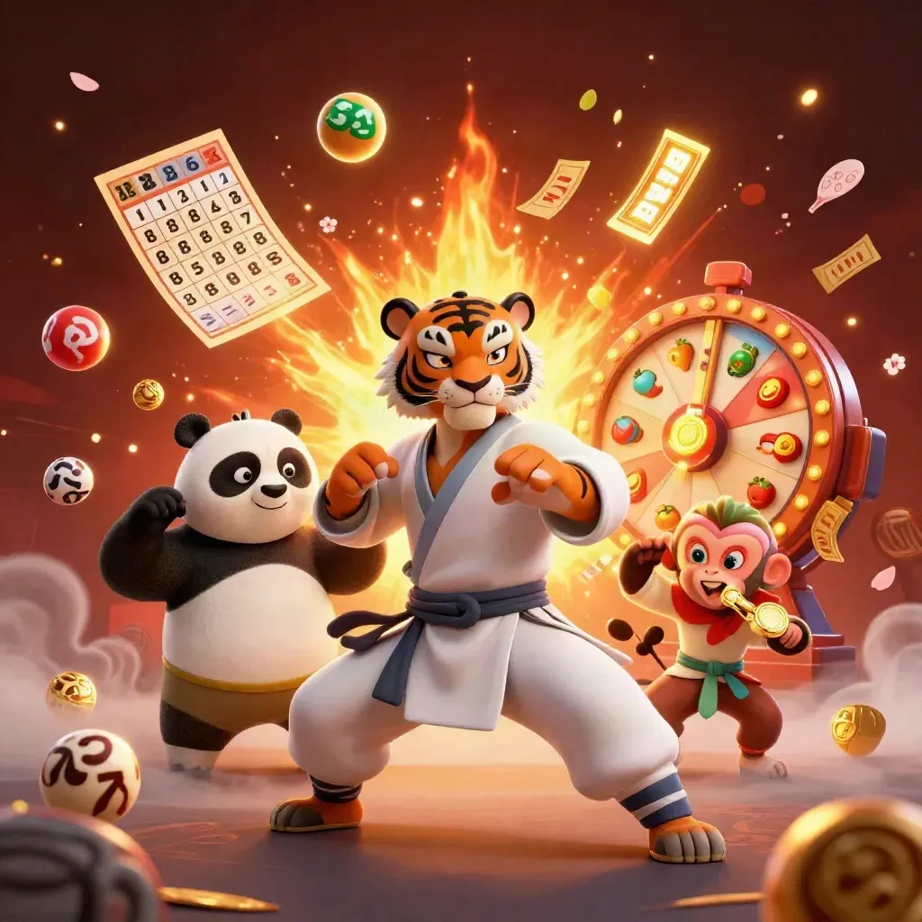 Kung-fu tiger, panda, and monkey amid casino magic, gold bursts, reels, and glowing embers.