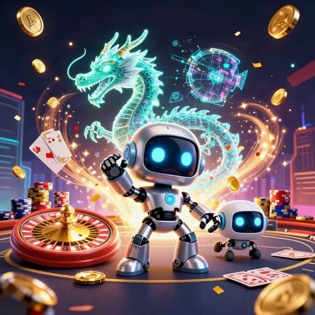 Robot mascot, holographic dragon, and drone amid casino gold, chips, and neon lights.