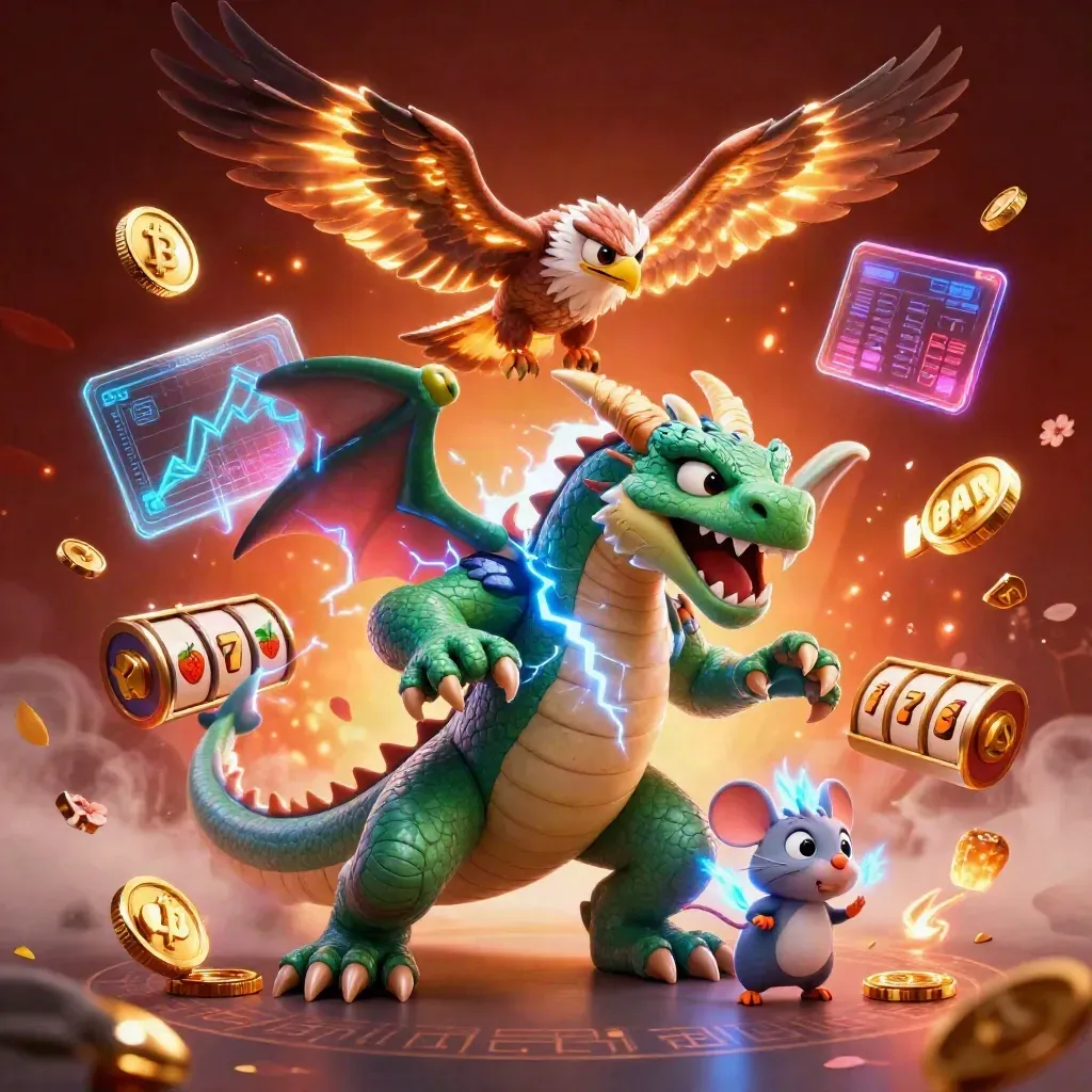 Thunder dragon, hawk, and mouse amid casino coins, lightning, and emerald-gold magic.