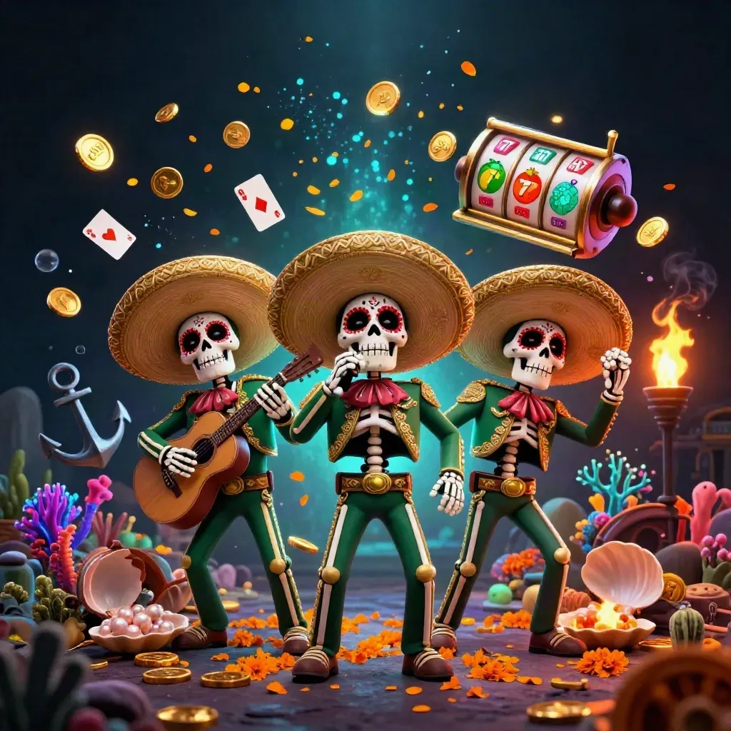 Day-of-the-Dead mariachi skeleton trio amid treasure, coral, coins, cards, and casino glow